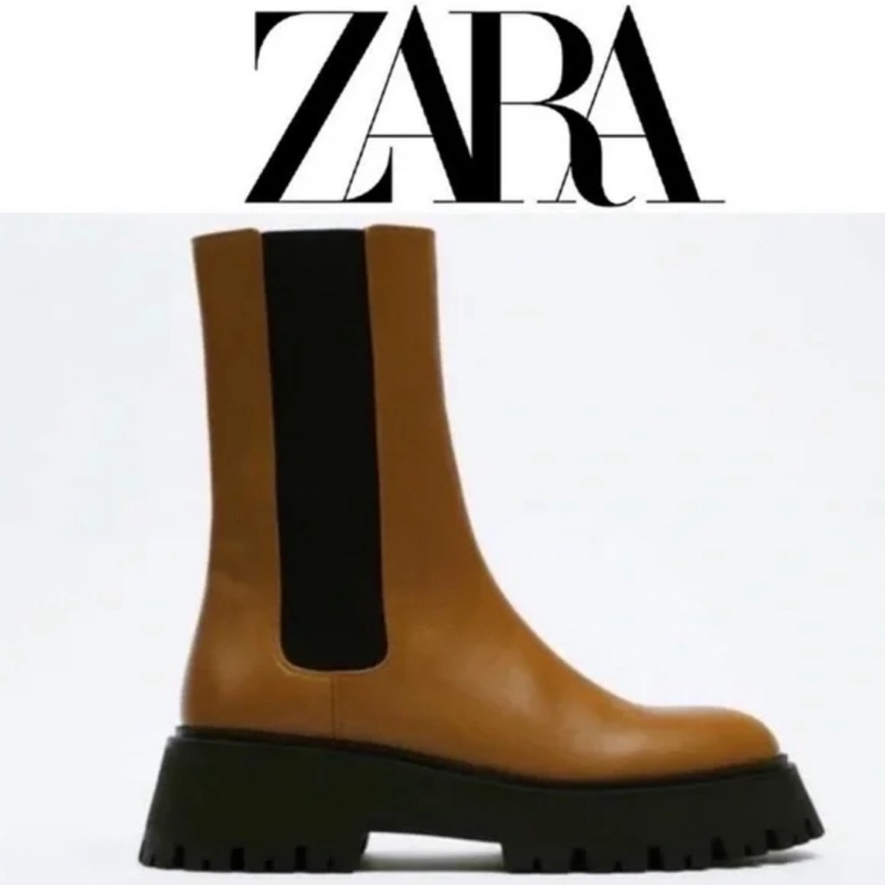 NWOT Zara Lug sole leather brown ankle boots